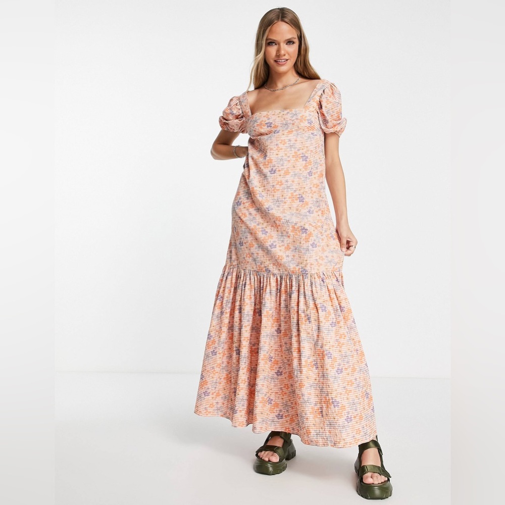 Used like new ASOS square neck cross back maxi dress in orange daisy gingham